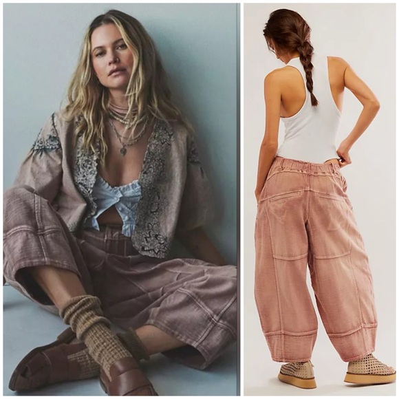 Free People Ride Out Barrel Moto Pants Pink Terracotta Canyon Sunset SZ S - Picture 2 of 8